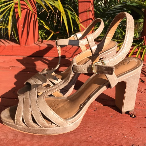Clarks Shoes - Clarks Light Gold leather T Bar platform heel